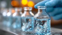 Medical professional in blue gloves holding glass vial with clear liquid and bubbles against blurred laboratory background with warm bokeh lights.