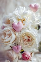 Delicate white peonies and roses with pink heart decorations create a romantic floral arrangement for weddings, Valentine's Day, or anniversary celebrations.