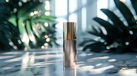 Luxury cosmetic bottle on marble surface with tropical leaves and natural sunlight shadows. Elegant skincare packaging mockup for beauty products.