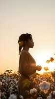 Young African American woman in cotton field at golden hour sunset with warm sunlight and peaceful rural atmosphere for wellness content.