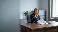 Mature woman with gray hair, Caucasian ethnicity, wearing professional black blazer, seated at wooden desk reviewing documents in modern office environment with potted plant and filing cabinet.