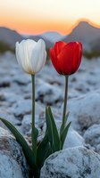 White and red tulips growing between rocks with mountain landscape at sunset, symbolizing love and contrast for nature and botanical designs.