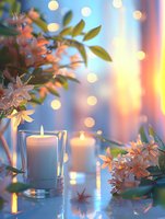 Glowing candles surrounded by delicate pink flowers create serene atmosphere with soft bokeh lights and reflective surface, evoking peace and tranquility.