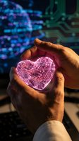 Male hand holding glowing neon heart shape with digital circuit board background, representing technology, innovation, and digital transformation for healthcare and tech industry concepts.
