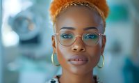 Young African American woman with bright orange hair, round glasses, and gold hoop earrings against soft blurred background, showcasing modern style and confidence.