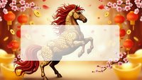 Majestic golden horse rearing with flowing red mane surrounded by cherry blossoms, red lanterns and coins for Chinese New Year celebration design.