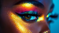Close up of dark-skinned female eye with vibrant rainbow glitter makeup, dramatic false eyelashes, and shimmering gold and multicolored eyeshadow creating artistic beauty look.