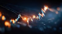 Financial market data visualization with glowing candlestick chart showing upward trend against dark blue background with bokeh lights for trading analysis.