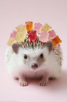 Adorable hedgehog with colorful gummy bears on spikes against soft pink background for cute animal content and sweet treat marketing campaigns.