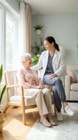 Young Asian female healthcare worker in white coat sitting with smiling elderly Caucasian woman patient in bright modern living room for home care services.