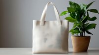 Blank natural cotton canvas tote bag mockup with green plant in terracotta pot on white surface against gray background for eco-friendly branding design.