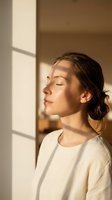 Young woman with East Asian ethnicity in profile, eyes closed, wearing cream-colored casual shirt, bathed in warm natural window light casting geometric shadows. Serene portrait for wellness, mindfulness, and lifestyle content.