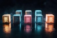 Colorful translucent glass cubes with glowing effects arranged in row on reflective surface creating modern abstract composition for design projects.