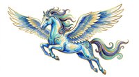 Majestic winged horse with flowing mane and tail in blue and gold tones, isolated on transparent background. Ready for t-shirts, stickers, clipart, sublimation and print-on-demand designs.
