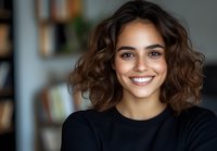 Young Hispanic woman with curly brown hair and bright smile wearing black top against blurred bookshelf background, natural lighting creates professional headshot mood.