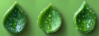 Fresh green leaf with pure water drops in teardrop shape, natural eco concept on green background, environmental conservation symbol.