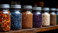 Glass mason jars filled with colorful dried beans, grains, and legumes arranged on wooden shelf, showing variety of natural food storage and pantry organization.