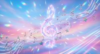 Holographic music notes and treble clef floating in iridescent rainbow sky with prismatic light effects and musical staff lines creating dreamy ethereal composition.