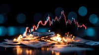 Burning matches on financial chart background with bokeh lights, dramatic market volatility concept showing risk and trading uncertainty in dark atmosphere.