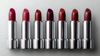 Seven luxury lipsticks in silver tubes displaying gradient shades from bright pink to deep burgundy arranged in row on white background for cosmetics.