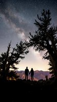 Silhouetted couple standing together under starry night sky framed by gnarled trees, with snow-capped mountains glowing at dawn. Romantic landscape for travel and adventure themes.