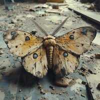 Weathered butterfly with tattered wings rests on rough surface, displaying natural spots and earth-toned patterns in muted yellow and brown colors.