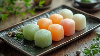 Colorful traditional Asian mochi rice cakes arranged on dark ceramic plate with fresh herbs for dessert presentation and culinary photography.