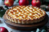 Freshly baked apple pie with golden lattice crust on wooden board, surrounded by red apples and green leaves, classic homemade dessert photography.