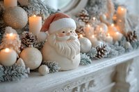 Festive mantel decoration with ceramic Santa Claus figurine, glowing candles, silver ornaments, frosted pine cones and branches creating cozy holiday atmosphere.