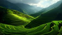 Dramatic sunlight illuminates terraced rice fields cascading down mountainsides, creating geometric patterns of vibrant green curves against misty peaks in valley landscape.