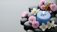 Zen spa composition with blue candle, black stones and delicate pink cherry blossoms on neutral background for relaxation and wellness concepts.