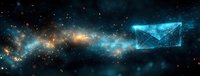 Digital envelope flying through cosmic space with glowing trail of stars and nebula clouds in deep blue and golden colors against dark background.