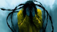 Emotional dark art portraying person in yellow hoodie covering face with hands, long black braids floating against moody blue background. Represents anxiety and depression.