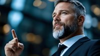 Middle-aged man with salt-and-pepper beard wearing dark business suit and tie, pointing upward with index finger against blurred urban background, expressing confidence and leadership for corporate training and business concepts.