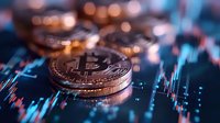 Cryptocurrency coins on digital trading chart background with glowing blue market data and price movement graph, financial investment concept.