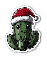 Cute cartoon cactus wearing red Santa hat with white trim sticker design on white background. Isolated illustration for holiday season merchandise and craft projects.