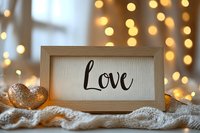 Romantic frame with calligraphy word Love on cozy background with golden bokeh lights, glitter heart decoration and white lace for Valentine's day celebration.