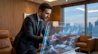 Professional businessman analyzing holographic financial data and charts in modern office with city skyline view for business presentations.