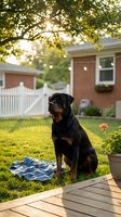 Rottweiler dog sitting on lawn in suburban backyard during golden hour sunset with brick house and white fence in background for family pet lifestyle content.