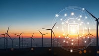 Wind turbines at sunset with digital network overlay representing smart grid technology and renewable energy innovation for sustainable power generation.