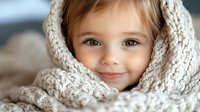 Young blonde girl wrapped in cozy knitted blanket with warm smile and bright eyes looking at camera in soft natural light creating peaceful childhood moment.