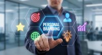 Professional businessman touching personal branding interface with digital icons in modern office environment for marketing strategy development.