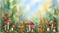 Watercolor forest floor scene with red and brown mushrooms, ferns, and woodland plants in soft green and yellow tones, suitable for nature illustrations, children's books, and botanical artwork.