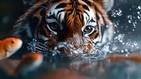 Close-up portrait of majestic Bengal tiger swimming in water with intense blue eyes and water droplets splashing, dramatic lighting highlights orange fur pattern.