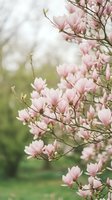Delicate pink magnolia blossoms bloom on branches with soft green foliage background, ideal for spring designs, nature themes, and botanical projects.