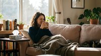 Woman with dark hair and medium skin tone sitting on beige couch wrapped in blanket, hand near face in thoughtful pose, surrounded by books, plants and natural window light for lifestyle and wellness content.