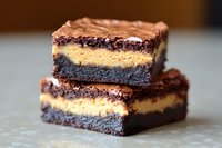 Decadent chocolate brownie squares layered with creamy vanilla cheesecake filling, stacked to show rich texture and contrasting layers, perfect for dessert photography.