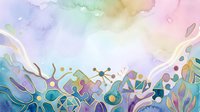 Pastel watercolor abstract background with flowing organic shapes, botanical elements, and soft gradient colors blending from pink to green to blue for creative design projects.