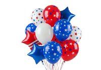 Patriotic balloons cluster in red, white, and blue with star patterns, including round latex balloons and foil star shapes, isolated on white background for holiday celebrations and event decorations.