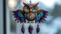 Decorative owl pendant with bright turquoise and purple wings, adorned with intricate steampunk details and hanging feathers. Mystical jewelry piece on blurred background.